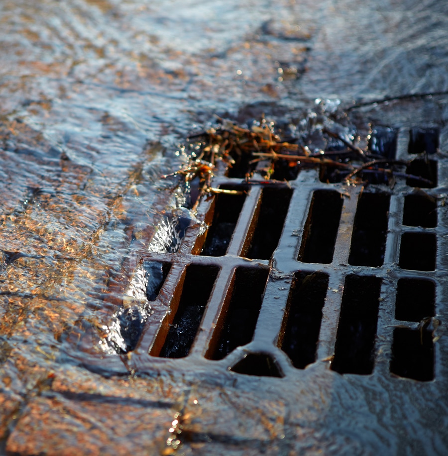 A small sewer grate with water flowing into it in California