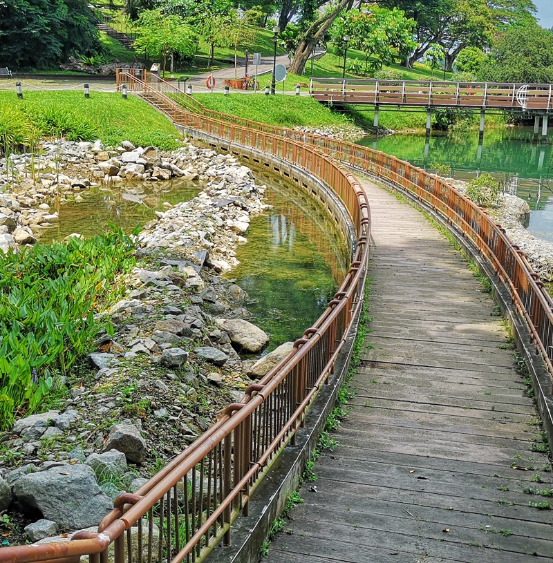 a long wooden walkway going through calm water, rocks, and grass