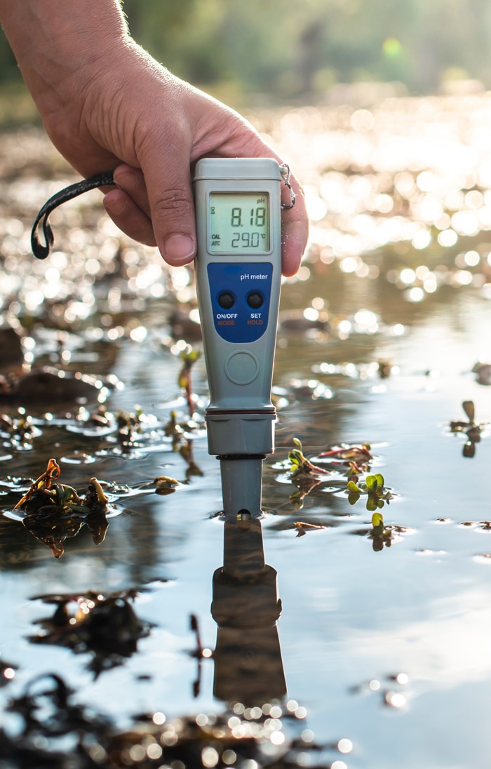 a hand holding a pH meter in shallow storm water